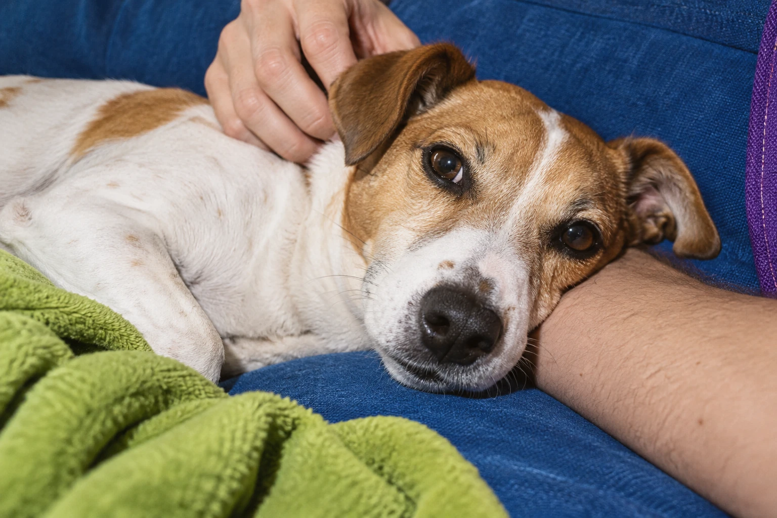 Un Jack Russell riposa sul braccio di una persona, sul divano blu, mentre riceve una carezza.