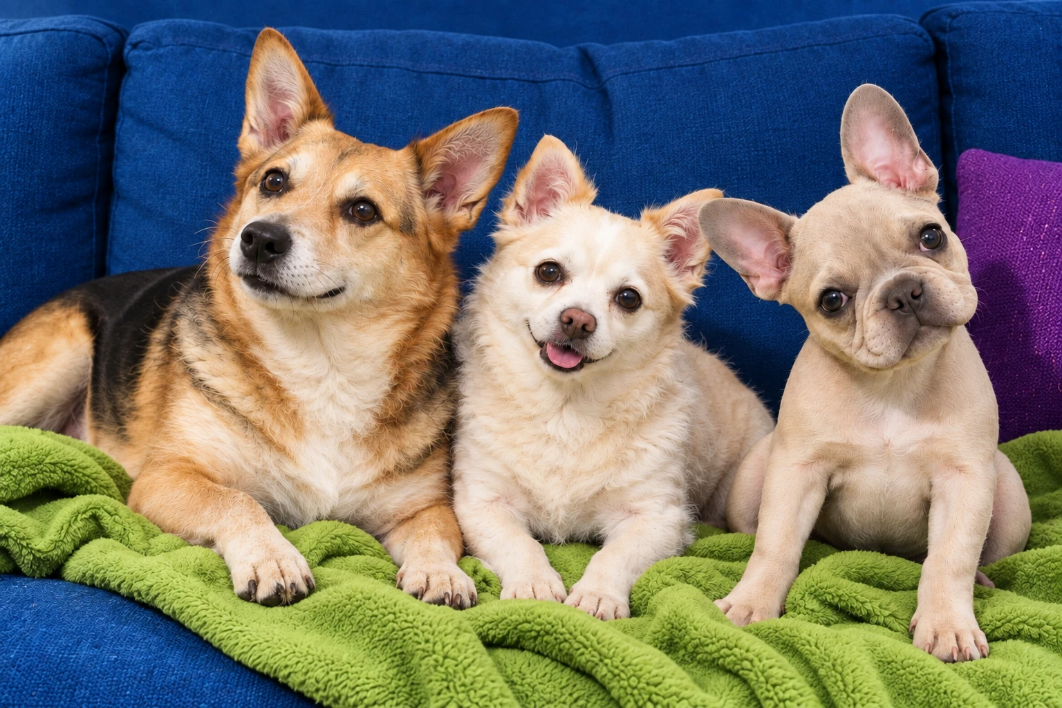 La cagnolina fulva, la cagnolina bianca e il bulldog francese insieme sul divano blu, in questo ordine.